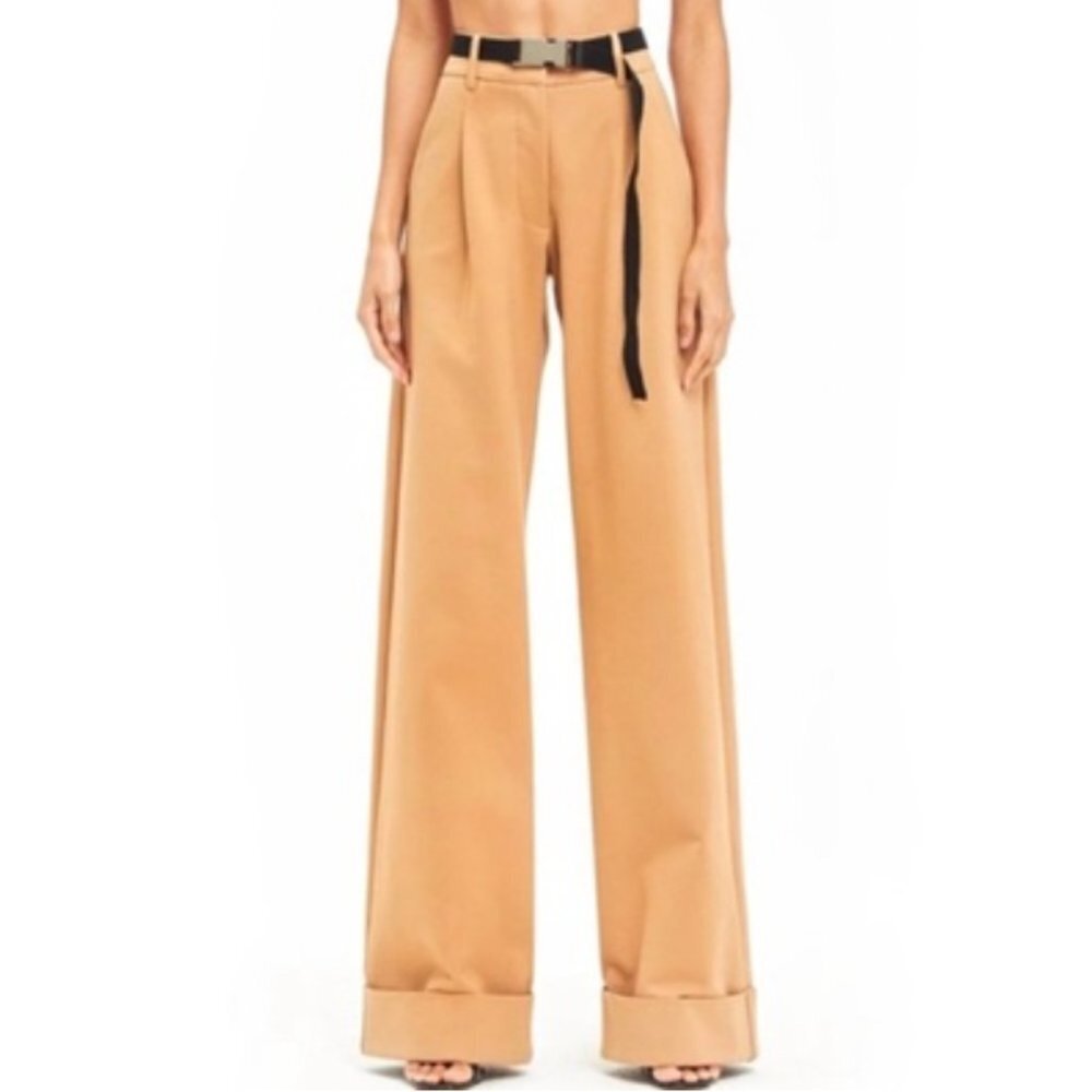 I AM GIA MIRA BEIGE BLACK METALLIC BUCKLE BELT HIGH RISE WIDE LEG STRETCH PANTS